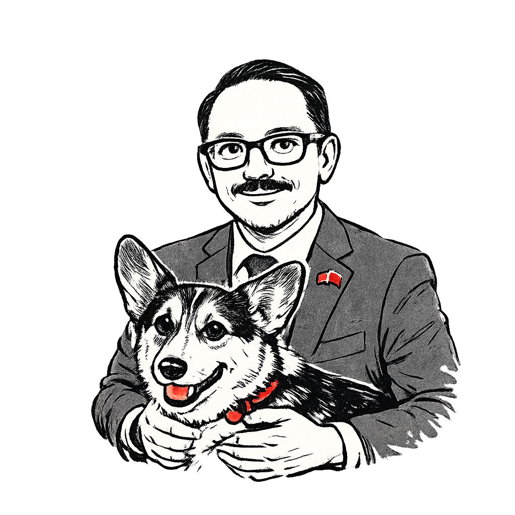 Tony Pestka with his corgi — illustrated portrait